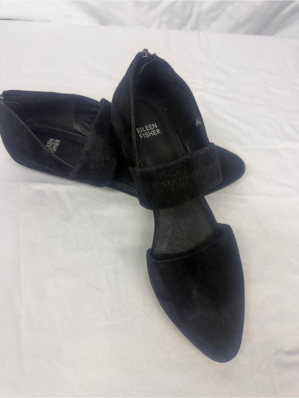 Eileen Fisher Black Suede Pointed Toe D'Orsay Flats with Strap
